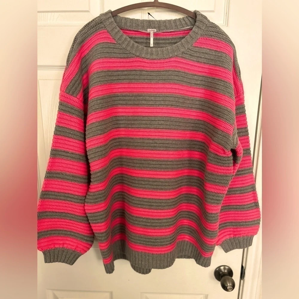 NWOT Free People, Links Pullover, Pink/Gray Stripes